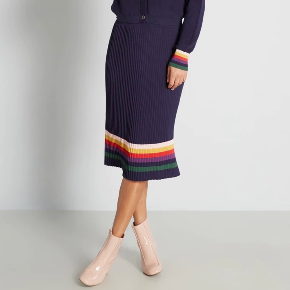 ModCloth Spirited Spectrum Navy Knit Skirt With Rainbow Stripes Medium - Picture 1 of 7